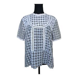 POL Women's Crocheted Agave & White Short Sleeve Top Size Small Relaxed Fit